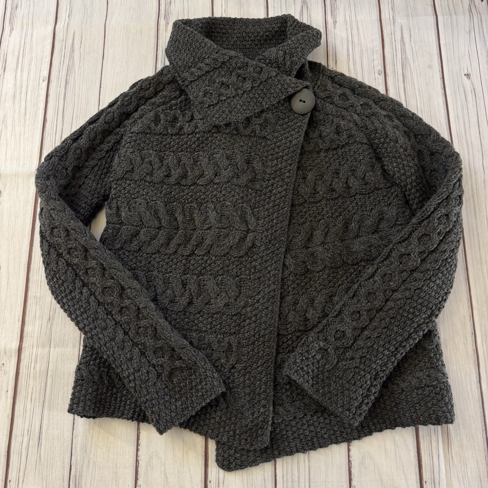 The Woolen Market‎ Merino Wool Aran Cardigan Ireland Cable Knit Asymmetrical S